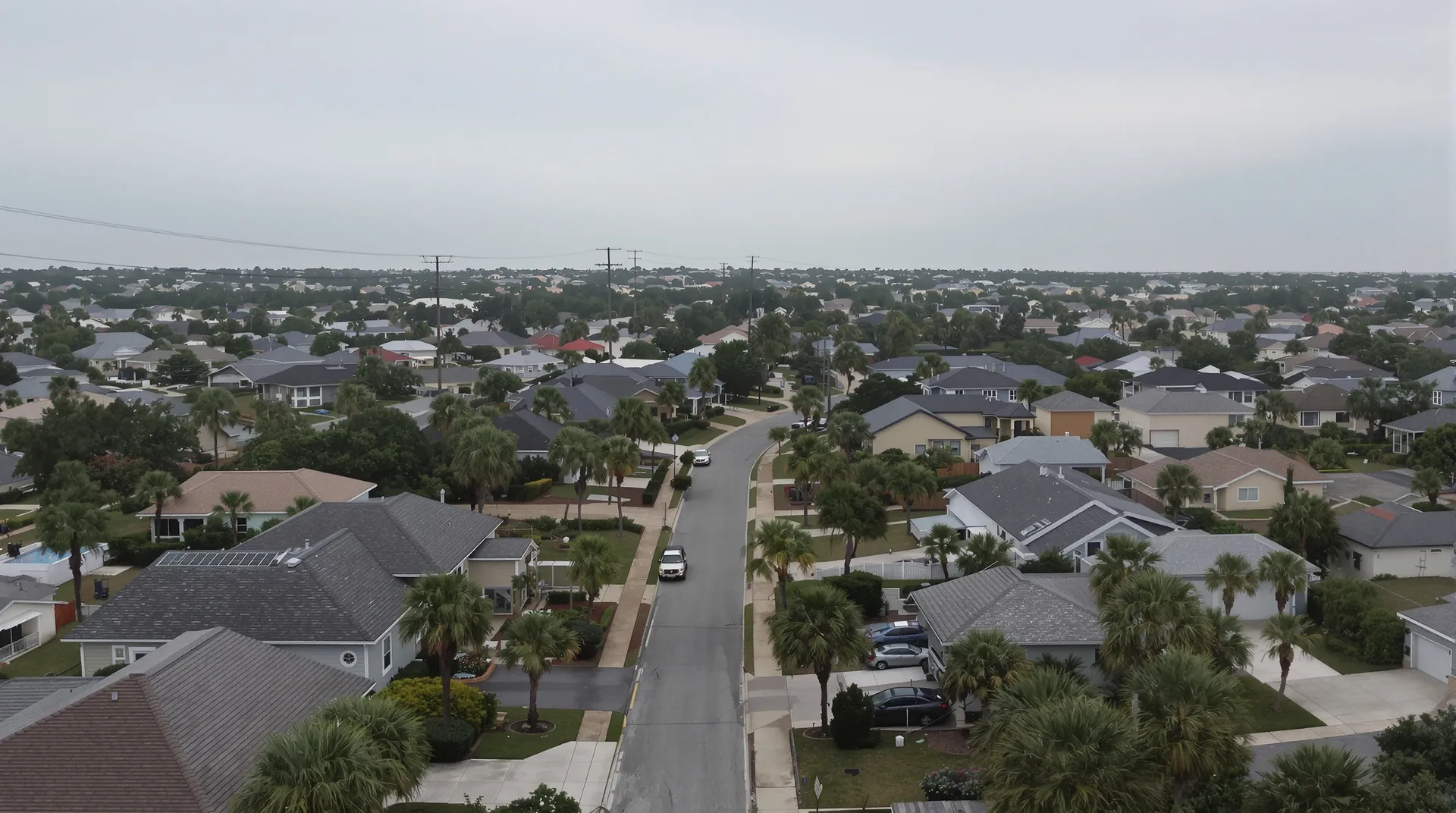 Aerial view of a Gulf Coast neighborhood showing residential rooftops in various conditions
