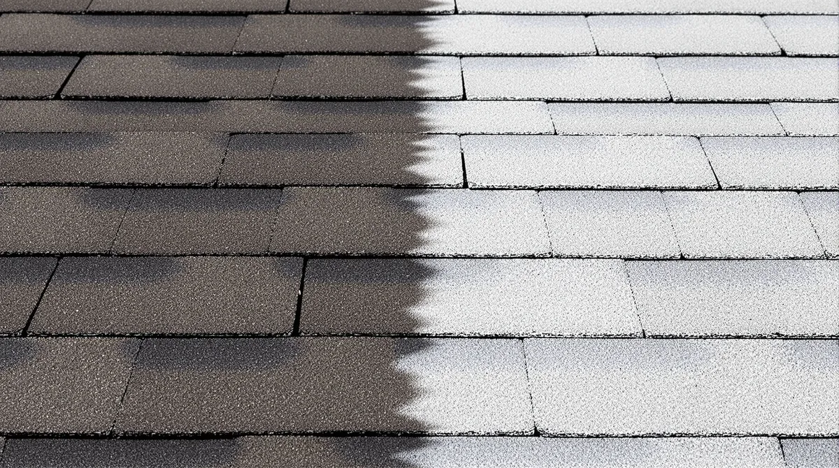 Visual progression of asphalt shingle aging on the Gulf Coast, from new granule-covered surface to worn, granule-depleted shingles showing exposed asphalt