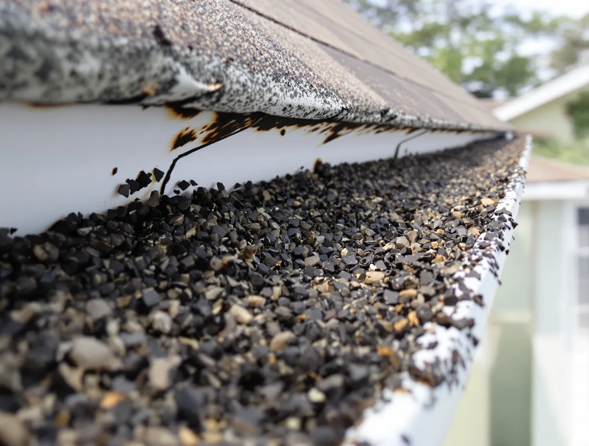 Gutter filled with dark granule sediment washed from deteriorating asphalt shingles, showing the sand-like accumulation that signals shingle wear
