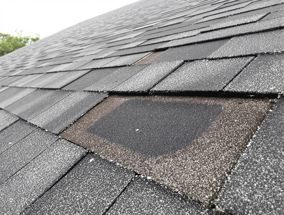 Close-up of a roof section with several shingles missing, exposing the dark underlayment layer beneath